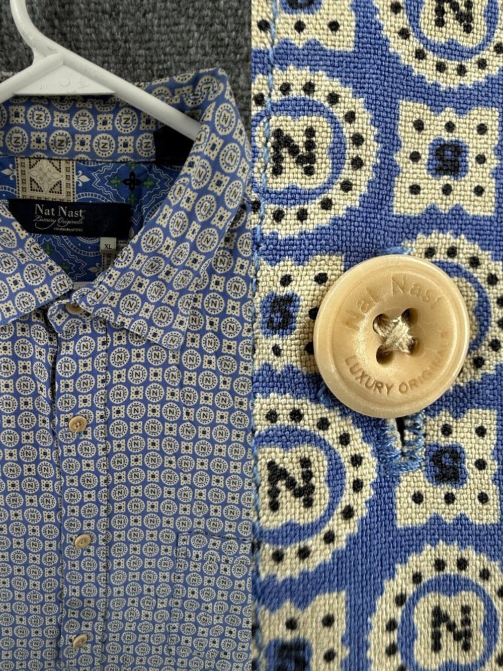 Nat Nast Geometric Silk Short Sleeve XL Blue Pocket Button Up Men Shirt Adult